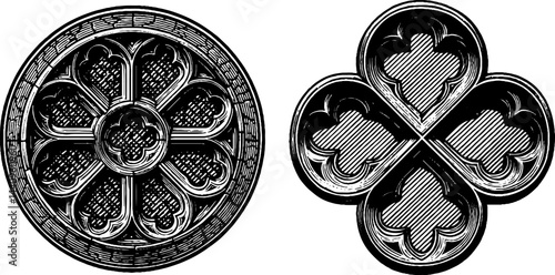 Engraved illustration set featuring ornate rose window and mullion design elements