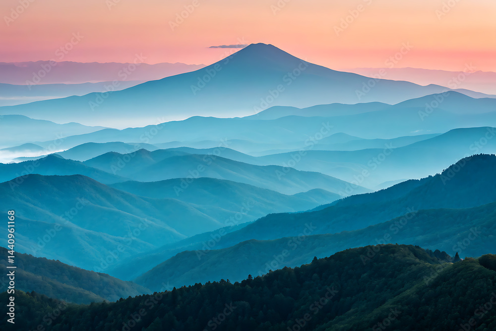 Serene sunset hues create a breathtaking panorama of rolling hills and mountains, forming a tranquil landscape bathed in soft pastel light.