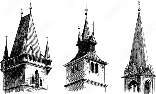 Gothic towers engraving set with intricate architectural details for historical design projects