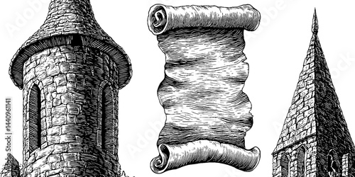 Engraved gothic architectural elements with ancient scroll design for historical projects