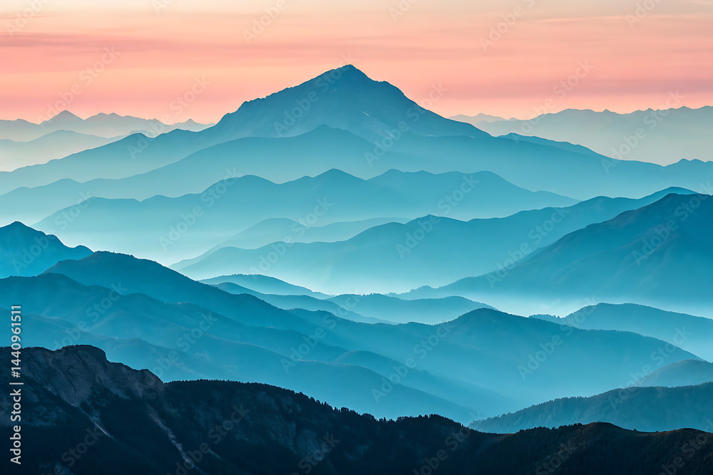 Serene sunset hues create a breathtaking panorama of rolling hills and mountains, forming a tranquil landscape bathed in soft pastel light.