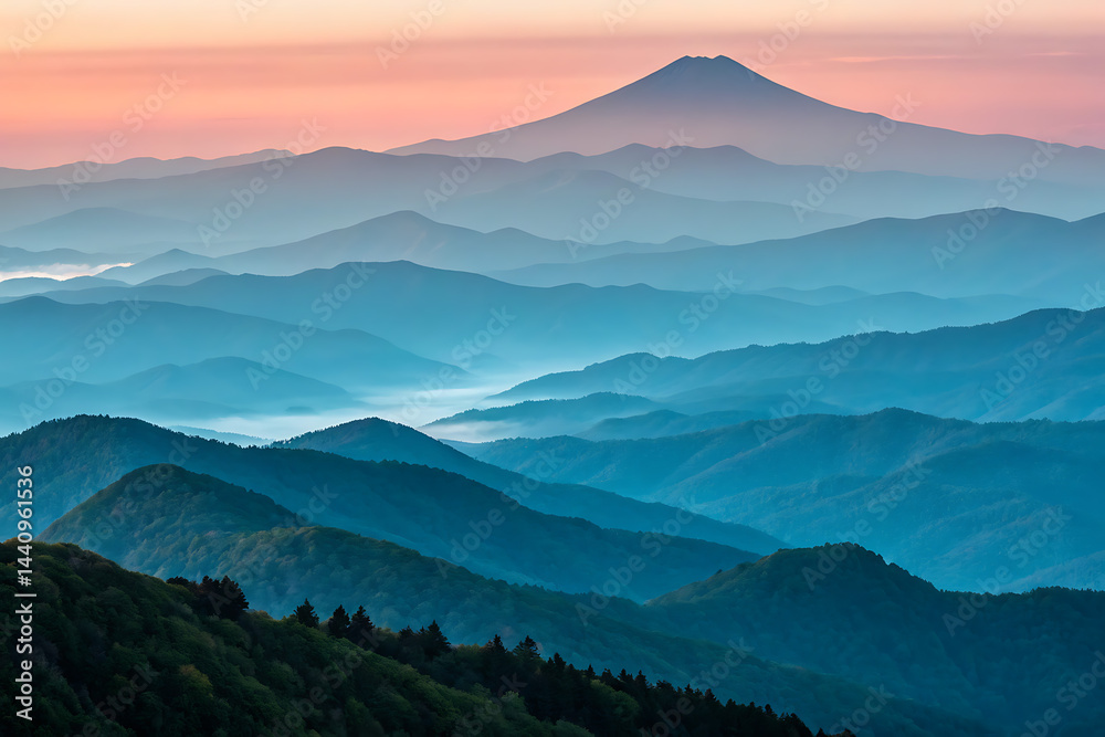 Serene sunset hues create a breathtaking panorama of rolling hills and mountains, forming a tranquil landscape bathed in soft pastel light.