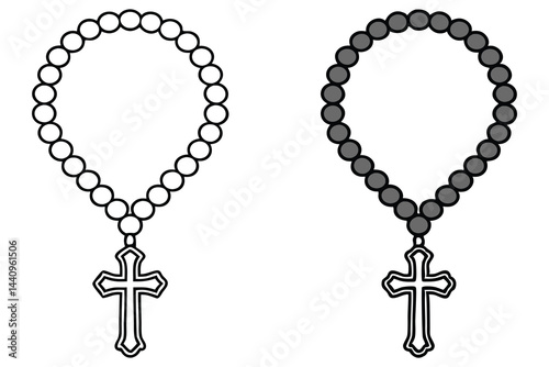 Two rosary designs, white and grey beads, with a Christian cross on transparent background