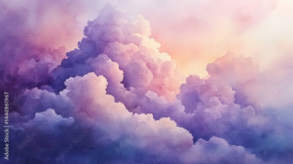 Fototapeta premium A purple and pink watercolor painting of a cloud. The painting is full of color and has a dreamy, ethereal quality. The colors seem to blend together seamlessly, creating a sense of movement