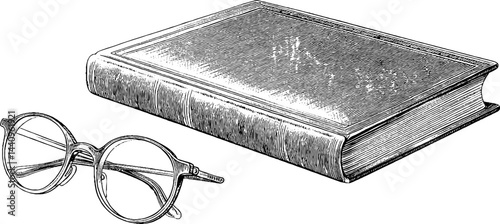 Vintage engraved illustration of textbook and glasses for academic design and education themes