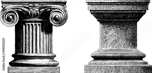 Classical architectural elements: engraved ionic column and cori design for historical studies