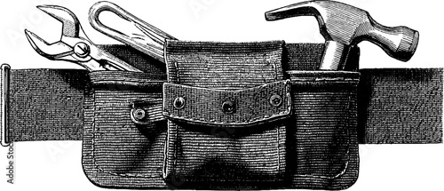 Engraved tool belt and tools illustration for craftsman design