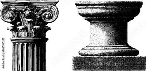 Classical ionic columns and capitals engraved illustration for architectural design