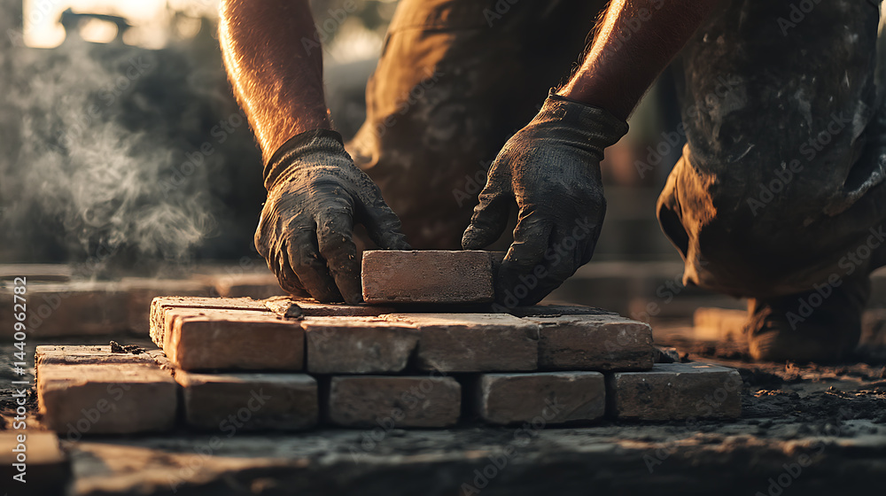 Construction Worker Laying Bricks