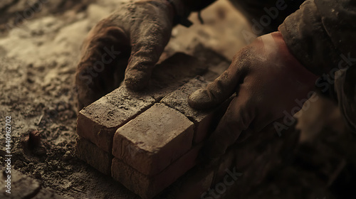 Obraz na płótnie Hands Laying Bricks in Construction Work w salonie