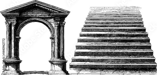 Engraved temple archway and majestic staircase illustration set