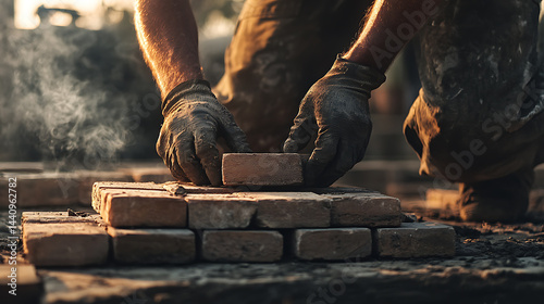Obraz na płótnie Construction Worker Laying Bricks w salonie