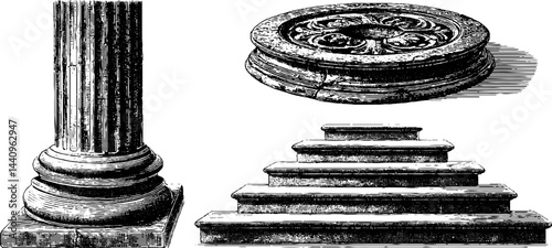 Engraved architectural elements featuring colossal column and base design