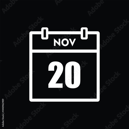 calender icon, 20 november icon with black background