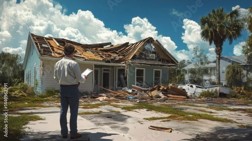 An insurance adjuster standing in front of a hurricane-damaged house, clipboard in hand, assessing the destruction of a roofless suburban home.