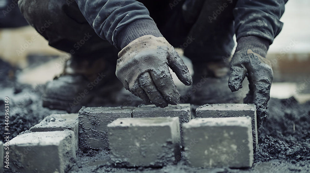 Construction Worker Laying Concrete Blocks