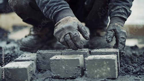 Obraz na płótnie Construction Worker Laying Concrete Blocks w salonie