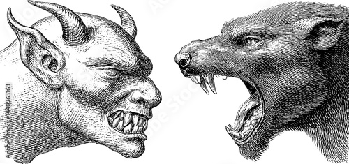 Engraved illustration of gargoyle and wendigo creatures in mythical art design