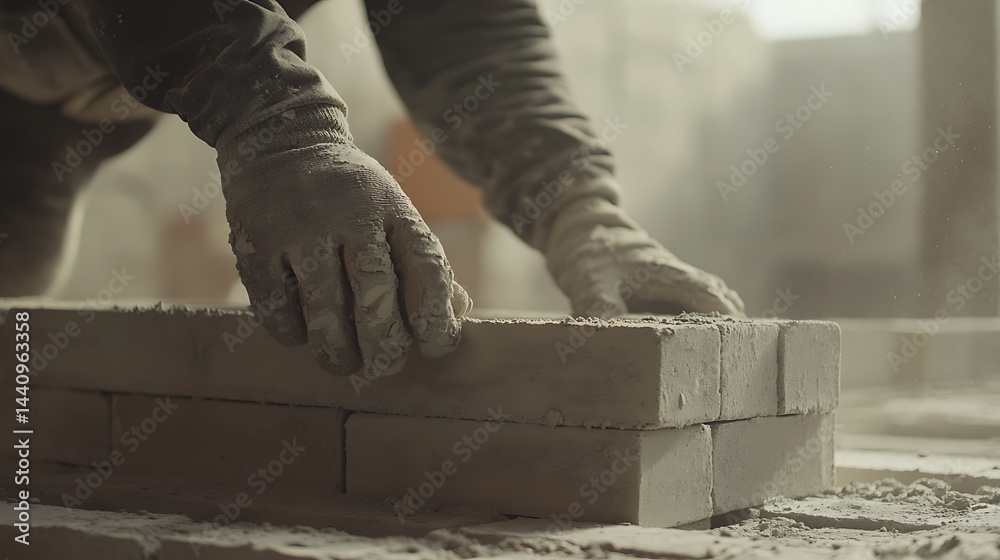 Construction Worker Laying Bricks