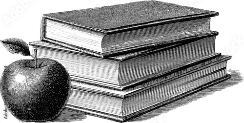 Vintage engraving of book stack with apple for education and learning themes