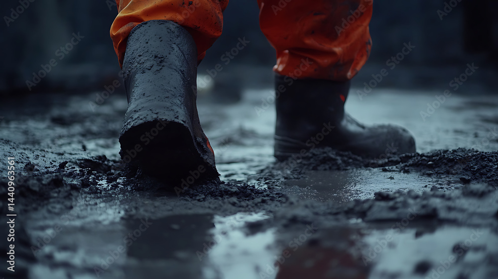 Person in Orange Overalls and Black Rubber Boots Walking Through Mud
