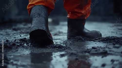 Obraz na płótnie Person in Orange Overalls and Black Rubber Boots Walking Through Mud w salonie