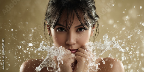 beautiful mid age woman washes her face with water, she has a serene expression, against a beige background, in an advertisement for a skin rejuvenation.