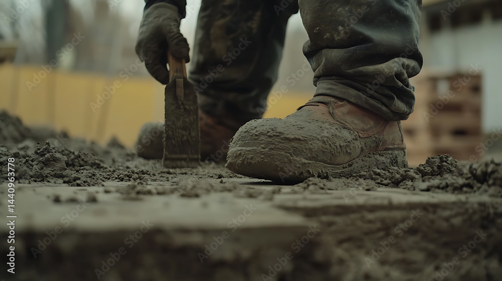 Construction Worker Using Trowel on Wet Concrete