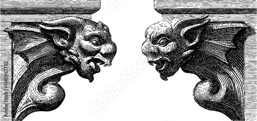 Engraved illustration of gothic gargoyle sculptures and architectural elements