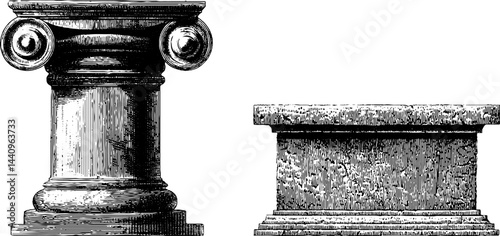 Classical architectural elements: engraved column shaft and stone base for design