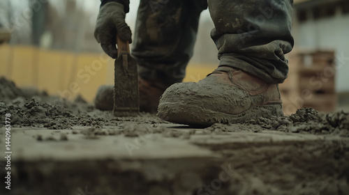Obraz na płótnie Construction Worker Using Trowel on Wet Concrete w salonie
