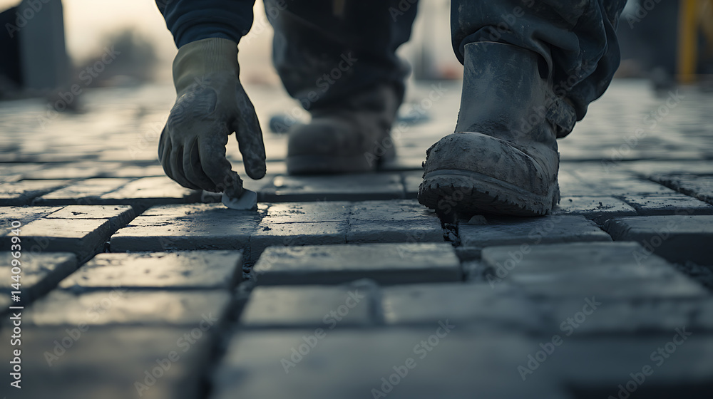 Construction Worker Laying Cobblestones