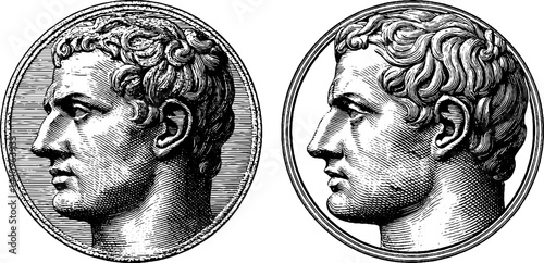 Roman coin and bust engraved illustration set for historical art and design
