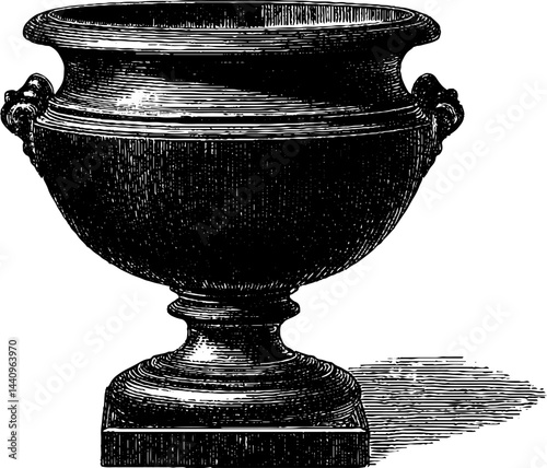 Ornamental urn engraving with intricate black and white detailing