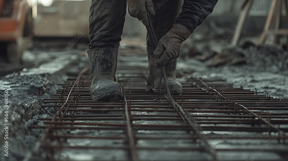 Construction Worker Laying Reinforcement Bars