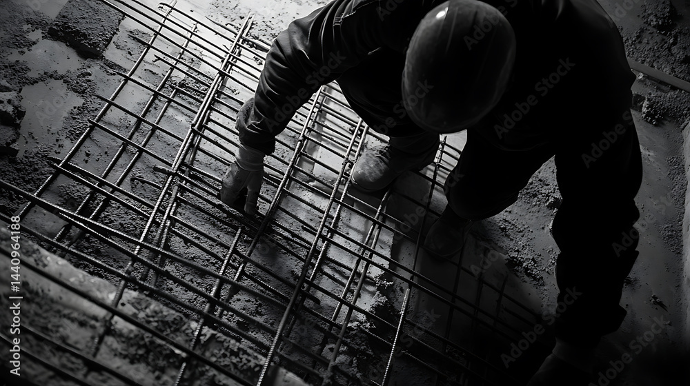 Construction Worker Laying Rebar Grid