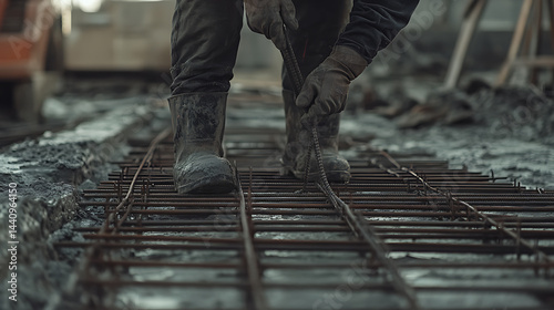 Obraz na płótnie Construction Worker Laying Reinforcement Bars w salonie