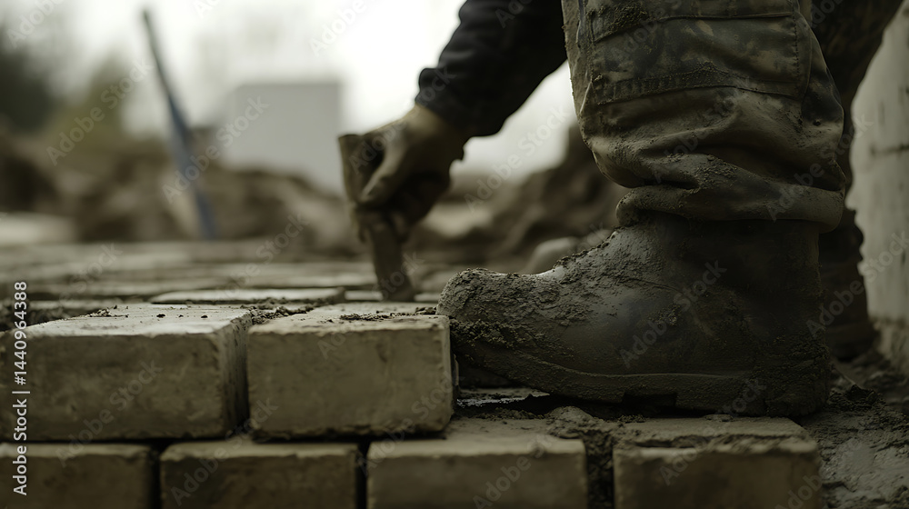 Construction Worker Laying Bricks