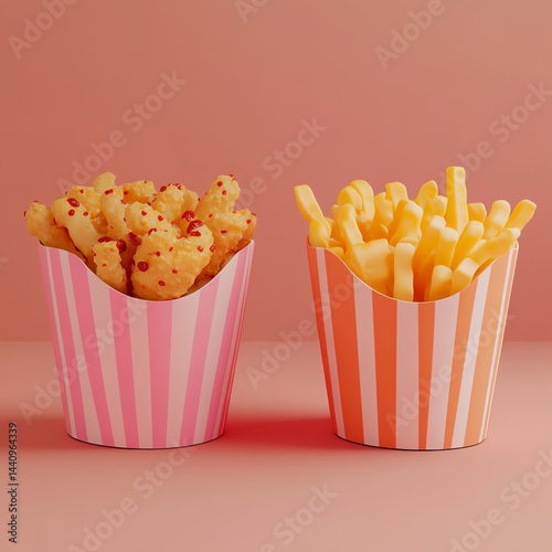 Colorful snack containers with delicious fries. 3D soft pop