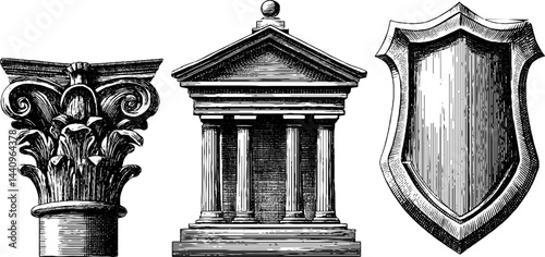 Engraved illustrations of temple columns, architectural crest, and shield designs