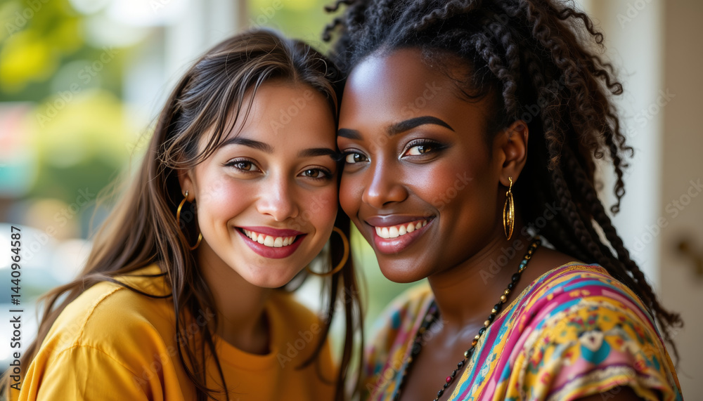 Obraz premium Two smiling women with joyful expressions in bright setting