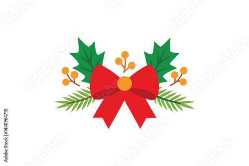 Mistletoe and Holly Bunch with Ribbon Illustration 