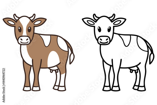 Cartoon Cow with Brown and White Spots Outline on White