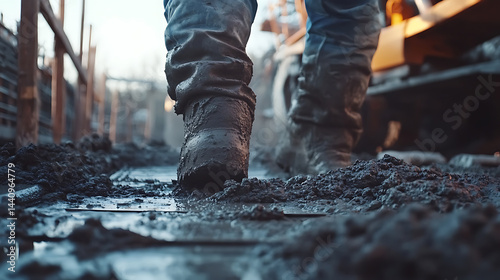 Obraz na płótnie Construction Worker Walking on Wet Concrete w salonie