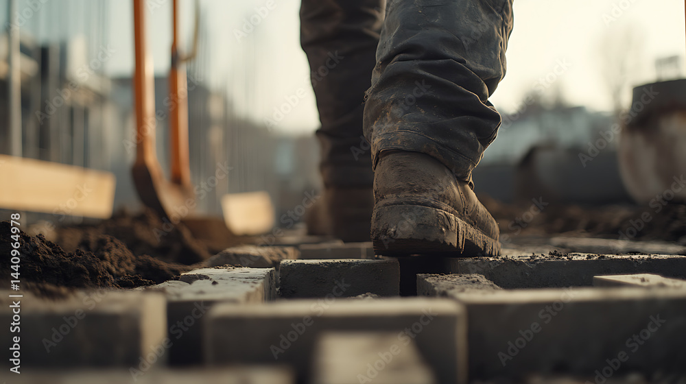 Construction Worker Walking on Concrete Blocks