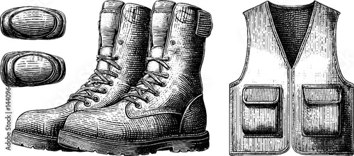 Vintage engraved illustration of work boots and knee pads with vest for craftsmanship and safety