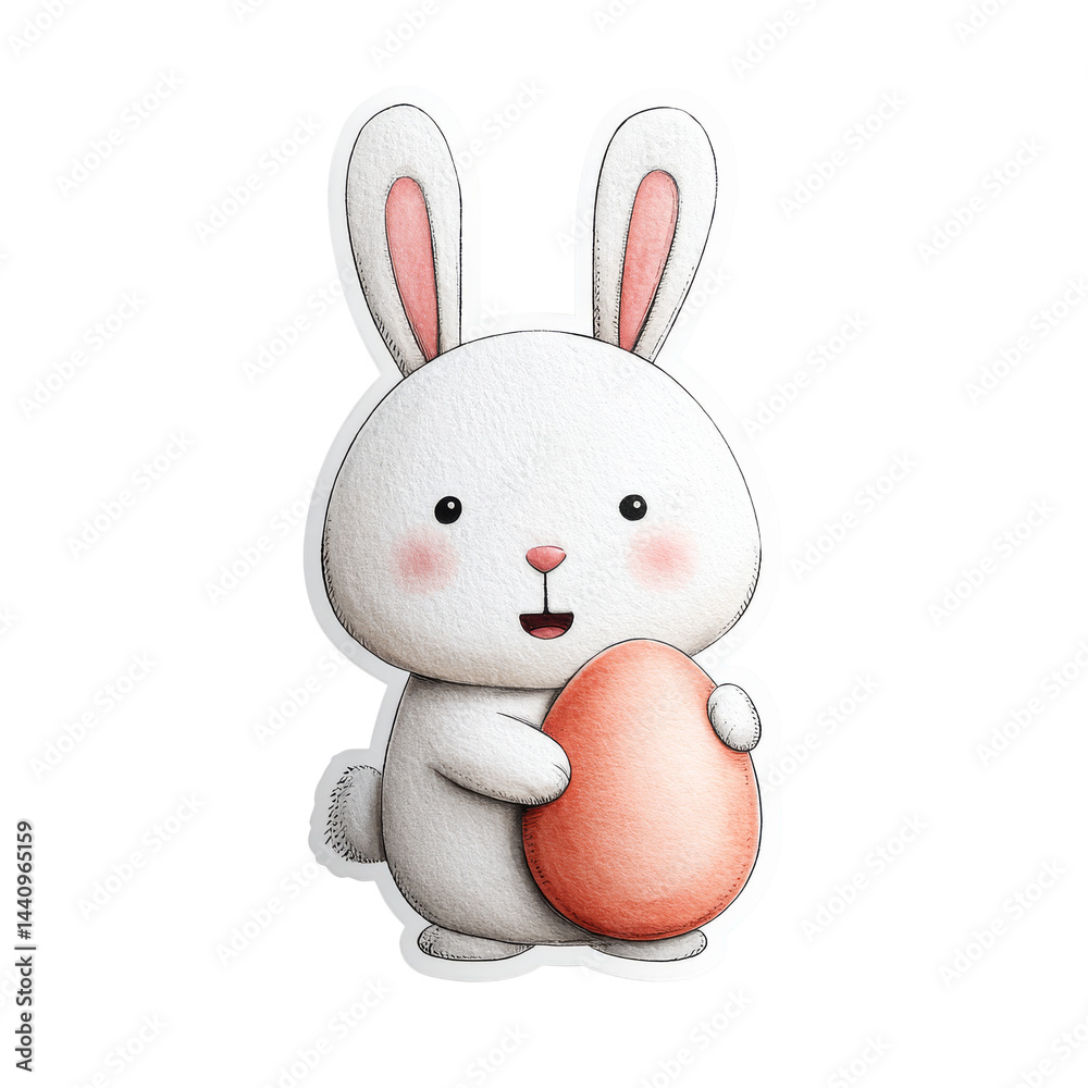 Cute rabbit holding an orange egg in a cheerful and playful setting
