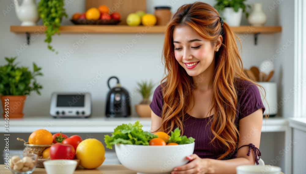 Woman enjoys preparing fresh vegetables in bright kitchen Woman enjoys preparing fresh vegetables in bright kitchen
