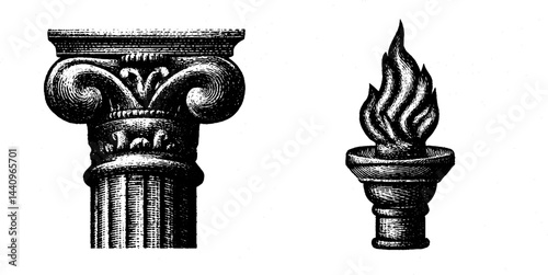 Classical engraving of roman arena column and torch - historical art design for decor