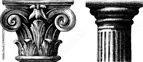 Elegant classical architecture: engraved corinthian column base and capital design for historical art projects